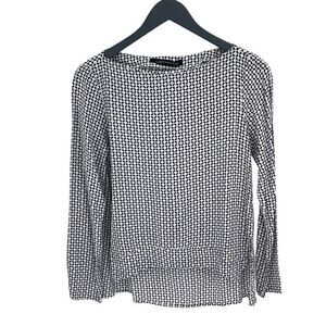 Zara Womens‎ Geometric Hi Low Boat Neck Long Sleeve Blouse Black White Medium